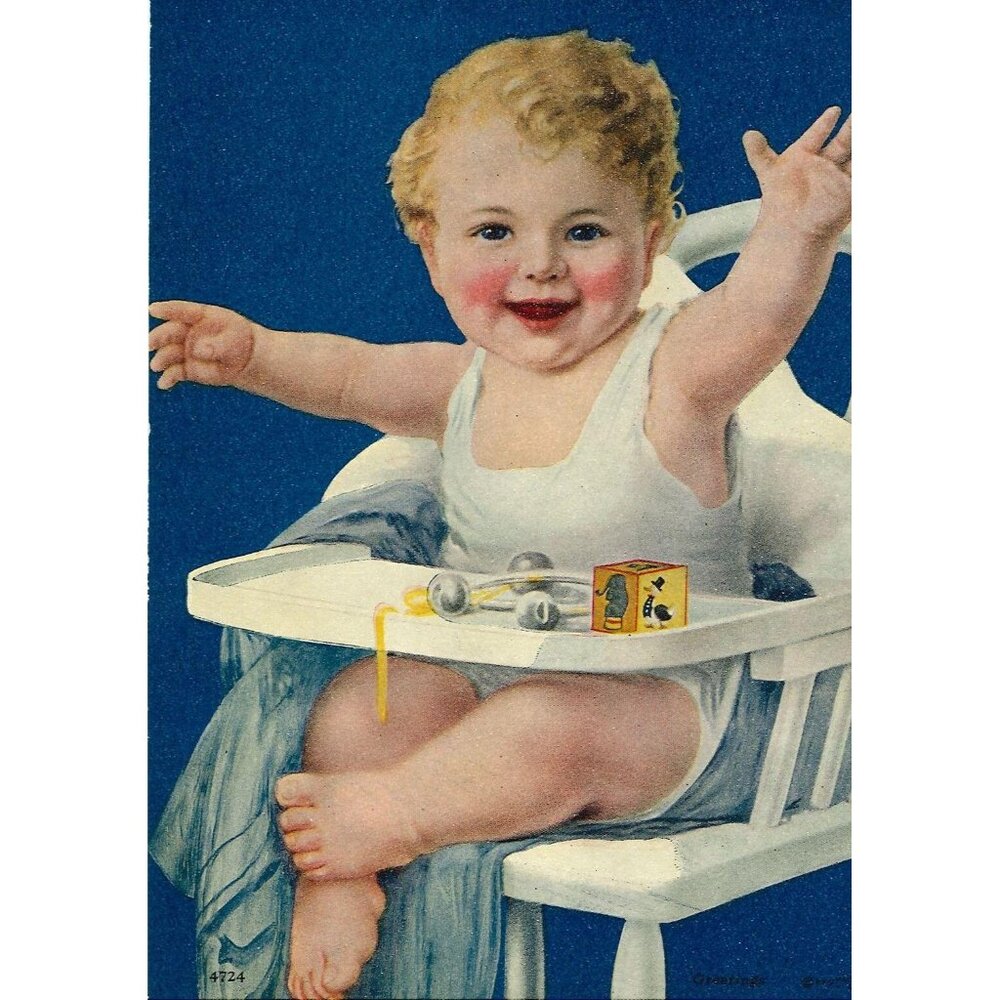 Vintage Calendar Print "Greetings"  Baby in High Chair 6x8